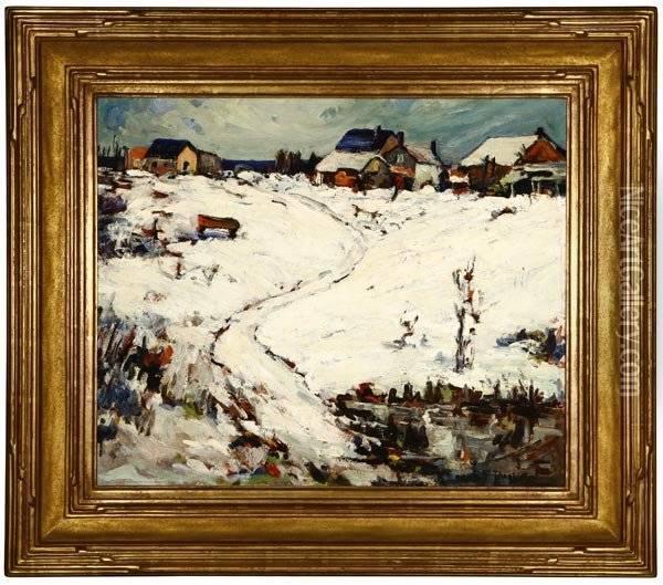 Houses In A Winter Landscape Oil Painting - Thomas Hunt