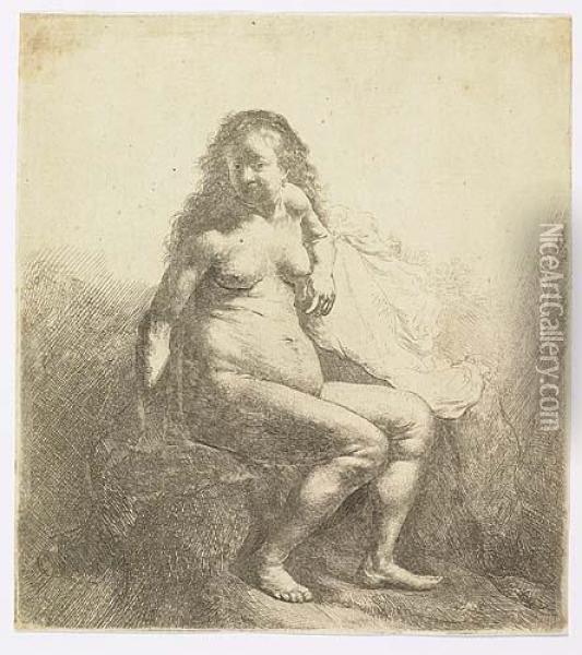 Nude Woman Seated On A Mound<</b> Oil Painting - Rembrandt Van Rijn