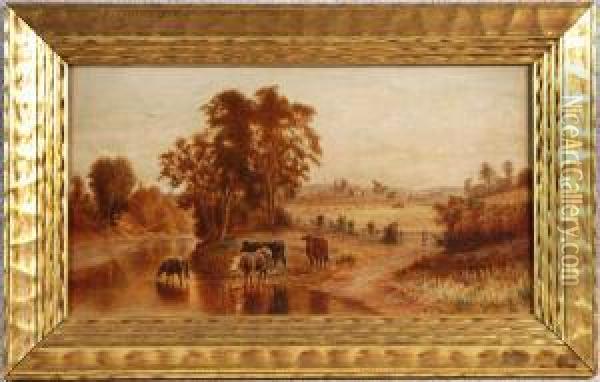 Cows In A Country Landscape Oil Painting - Robert S. Merrill