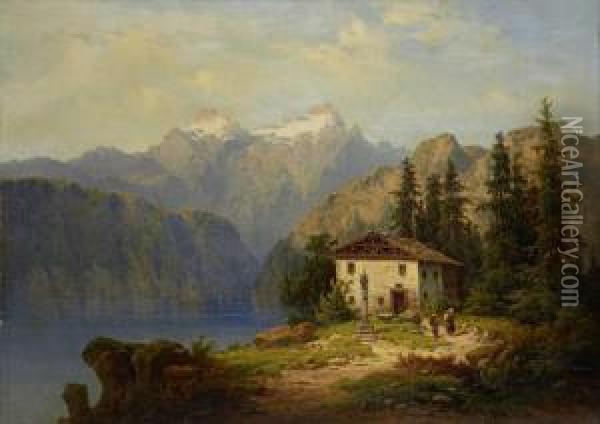 Alpine Lake Scene With Figures Before A Cottage Oil Painting - H. Baumgartner