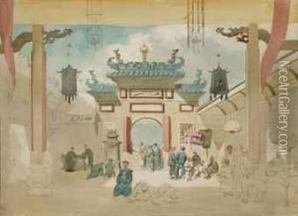 Personnages A L'interieur D'un Temple Chinois Oil Painting - Auguste Borget