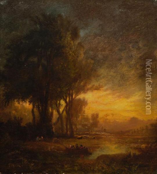 Flusslandschaft Im Abendlicht. Oil Painting - Theodore Rousseau