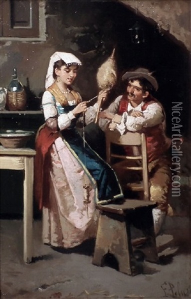 Interior Scenes With A Young Couple, The Girl Spinning Wool (pair) Oil Painting - Francesco Peluso