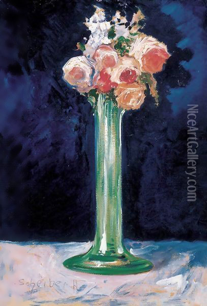 Roses in a Green Vase c 1900 Oil Painting - Gyula Batthyany