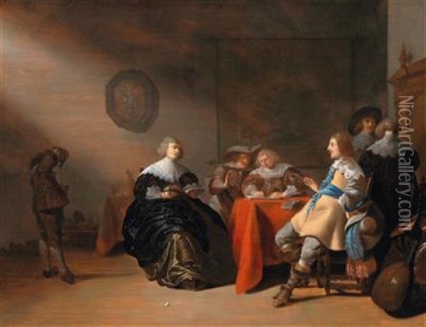 An Interior With A Company Conversing At A Table Oil Painting - Anthonie Palamedesz
