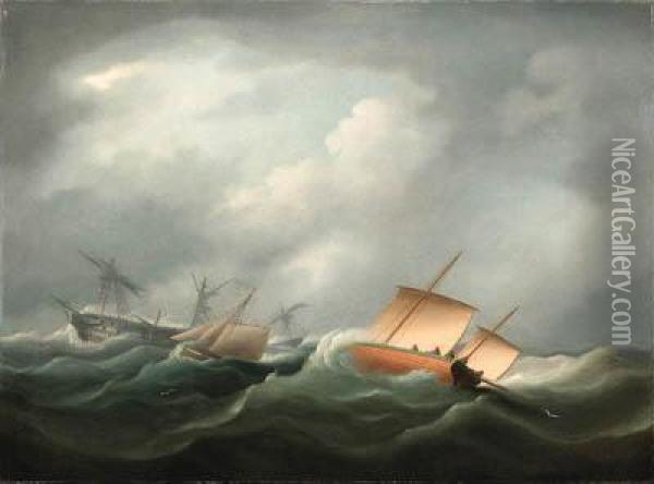 Dismasted In The Bay Of Biscay
Signed With Initials 'tb' (lower Right) Oil Painting - Thomas Buttersworth