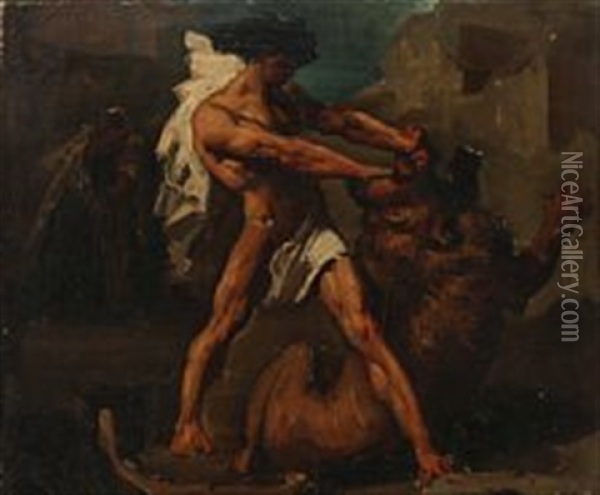 Hercules Fighting The Lion Oil Painting - Francois Nicolas Chifflart