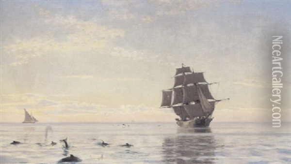 Skibe Pa Havet, I Forgrunden Marsvin Oil Painting - Carl (Jens Erik C.) Rasmussen
