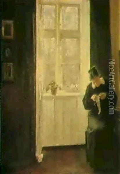 Sewing By The Window Oil Painting - Carl Vilhelm Holsoe