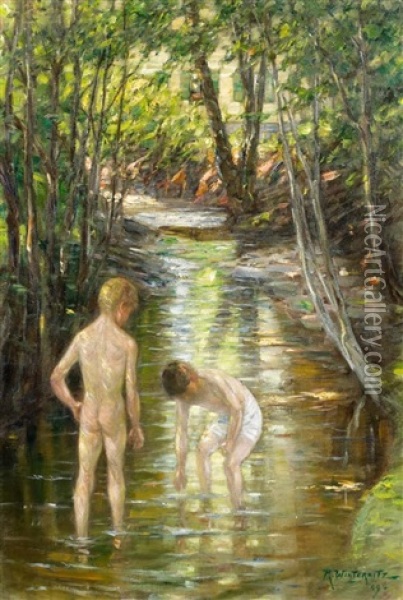 Zwei Badende Jungen Im Fluss Oil Painting - Richard Winternitz
