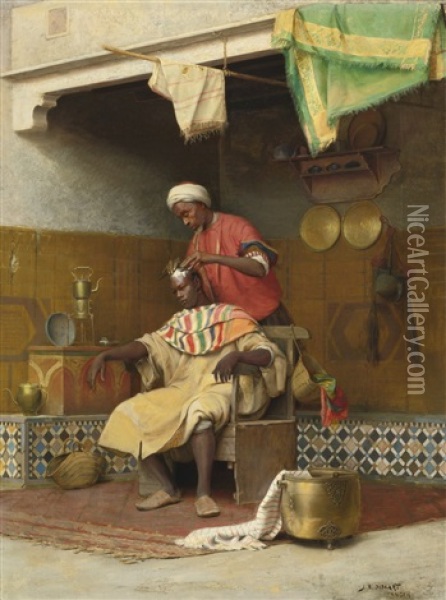 The Barber Shop, Tangiers Oil Painting - Jean Discart