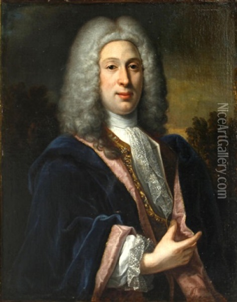 A Portrait Of A Nobleman, Half-length, In A Blue Cloak Oil Painting - Robert Levrac-Tournieres