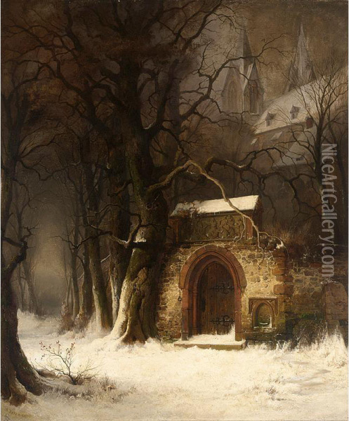 View Of A Church-yard Entrance In Winter Oil Painting - Edmund Koken