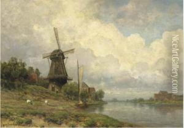 Windmill By A River Oil Painting - Julius Jacobus Van De Sande Bakhuyzen