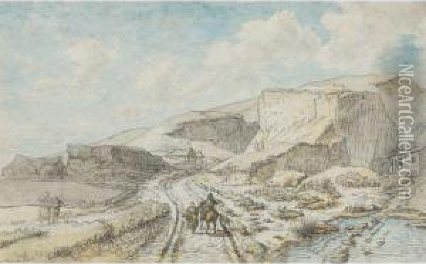 Travelers In A Rocky Landscape 
And Horses Pulling A Wagon In Arocky Landscape: A Double-sided Drawing Oil Painting - Georges Michel