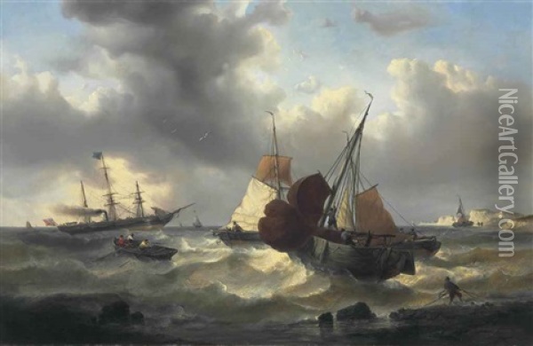Shipping Off The Coast In Choppy Seas Oil Painting - Francois-Etienne Musin