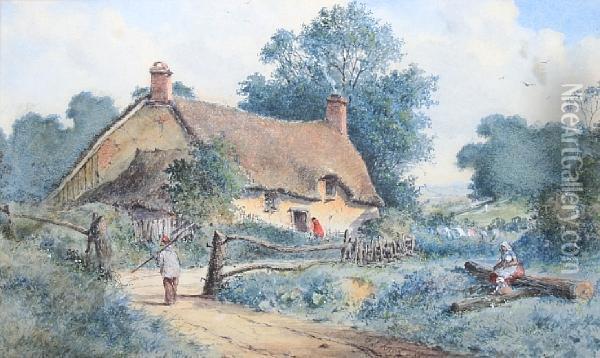 Figures On A Lane Before A Thatchedcottage Oil Painting - George Knox