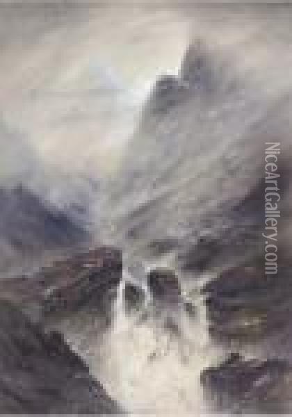 A Raging Torrent, Snowdonia Oil Painting - Elijah Walton