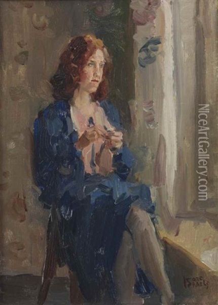 Dame In Het Blauw Bij Venster: Daydreaming Oil Painting - Isaac Israels