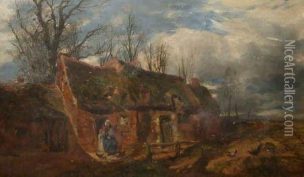 Figures Before A Country Cottage With Poultry By Oil Painting - Charles Thomas Burt