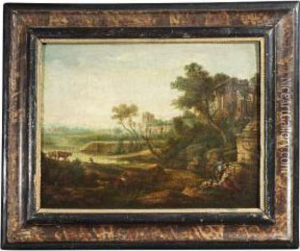 18th Ct. A Classical Landscape With Ruins And Resting Shepherds Oil Painting - German Alvarez Algeciras
