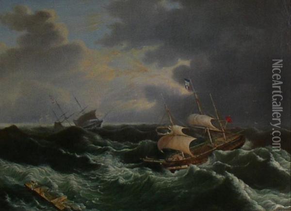 Yachts In A Stormy Sea, Oilon Canvas Oil Painting - John Lynn