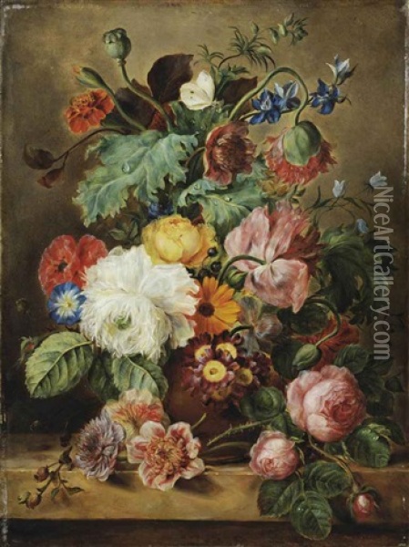 Roses, Poppies, Marigolds And Other Flowers In A Earthenware Vase Oil Painting - Adriana Johanna Haanen