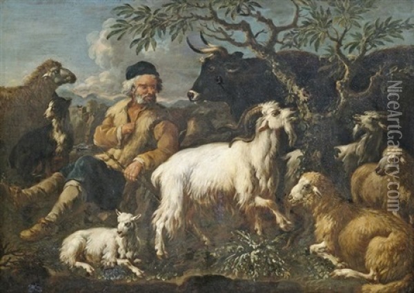 Alter Hirte Mit Seiner Herde In Der Campagna Oil Painting - Jacob (Rosa di Napoli) Roos