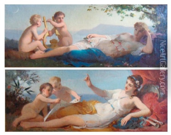 Cherubins Donnant La Serenade A Une Muse (2 Works) Oil Painting - Antoine Jean Etienne (Tony) Faivre