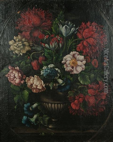 Chrysanthemums, Roses, Morning Glory And Other Flowers In A Stone Urn, In A Painted Oval Oil Painting - Jan Van Huysum