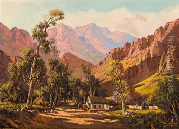 Mountainous Landscape With Cottage Oil Painting - Tinus de Jongh