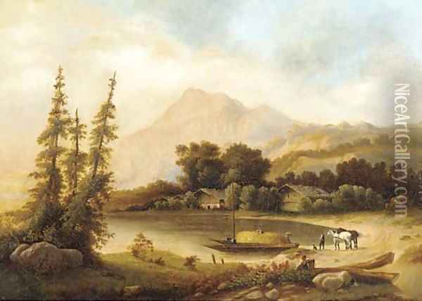 Figures unloading barges on an Alpine lake Oil Painting - Joseph Hutbner