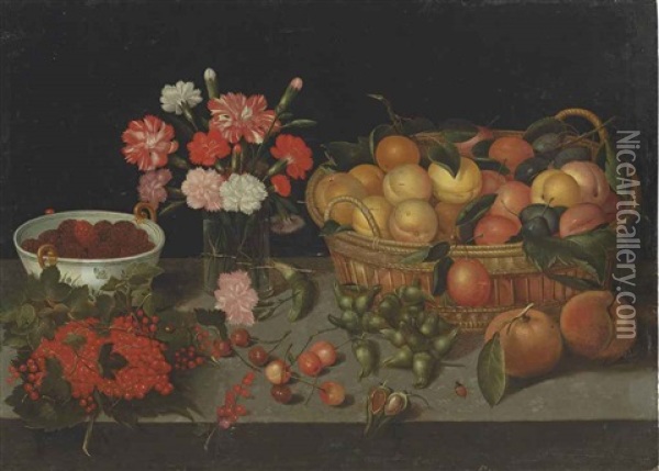 Apricots In A Woven Basket, Carnations In A Glass Vase, Raspberries In A Wan-li Bowl, With Redcurrants, Other Fruit, And Insects On A Stone Ledge Oil Painting - Pieter Binoit