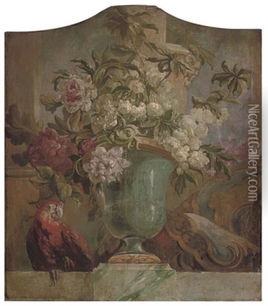 Flowers In An Urn With A Parrot On A Ledge - An Overdoor Oil Painting - Jakob Bogdani