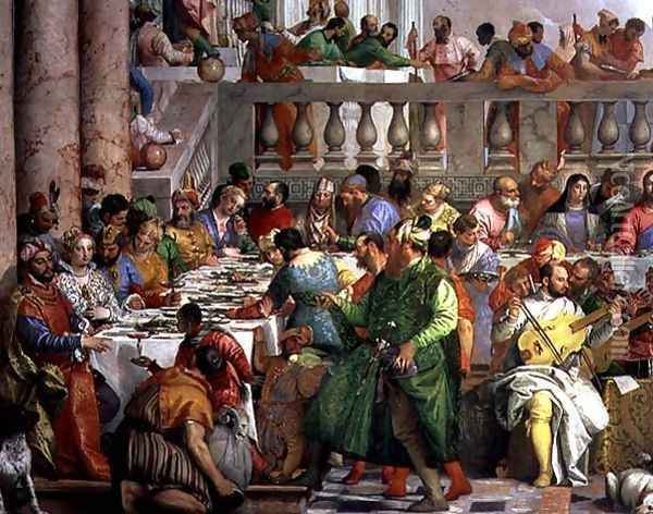 The Marriage Feast at Cana, detail of banqueting table with man in a green robe and dwarf with a parrot, c.1562 Oil Painting - Paolo Veronese (Caliari)
