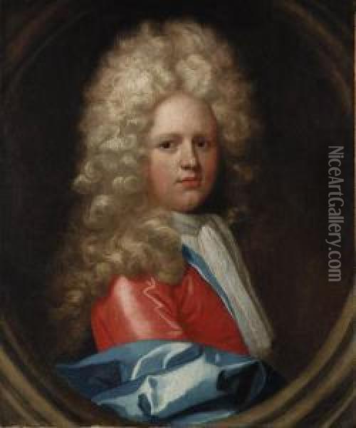 Portrait Of A Young Gentleman, Half-length, In A Red Coat And Bluemantle, Sculpted Cartouche Oil Painting - William Sonmans