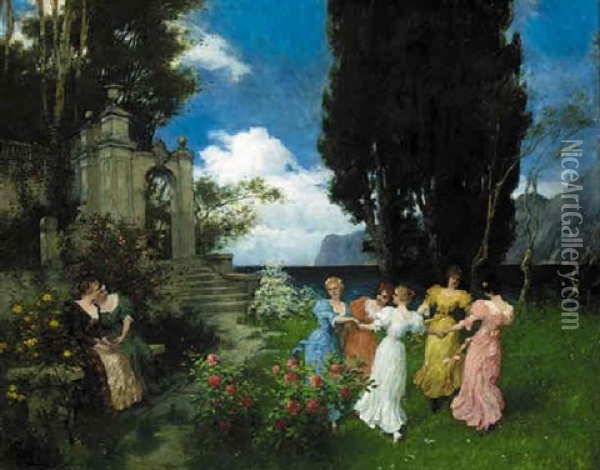 Girls Dancing In A Garden On The Italian Coast Oil Painting - Ferdinand Leeke