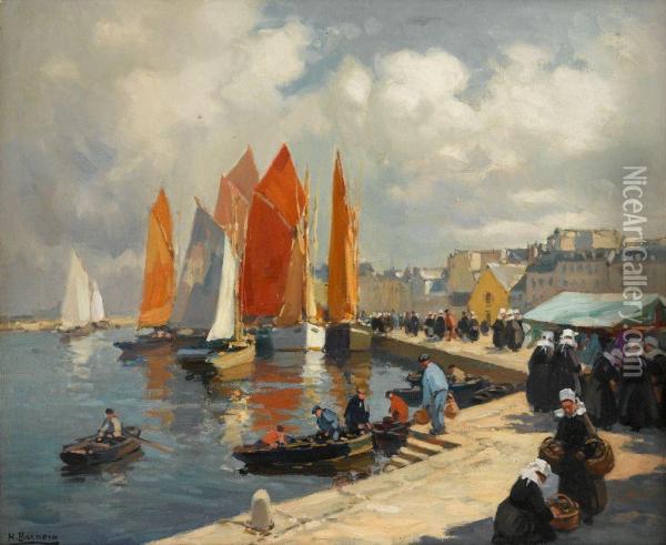 A Busy Harbor Scene Oil Painting - Henri Alphonse Barnoin