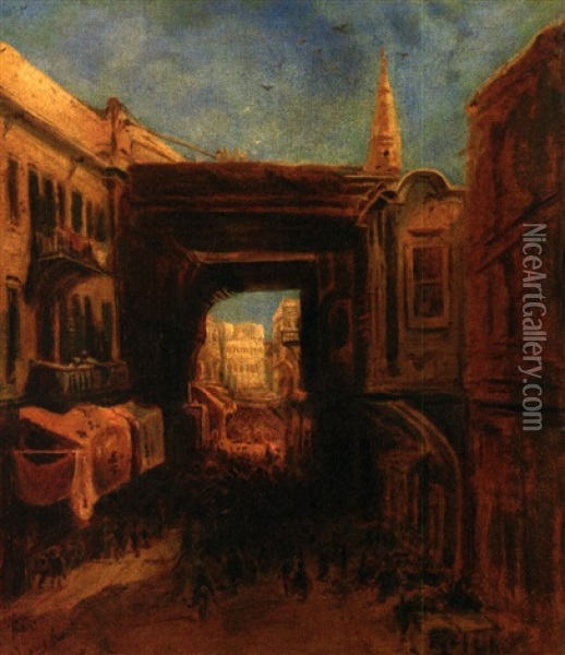 Blick Auf Minarett Im Morgendlichen Licht (+ Blick In Einen Soukh; Pair) Oil Painting - Eduard Hildebrandt