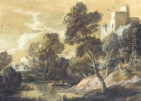 A wooded river landscape with figures in a boat and buildings Oil Painting - Thomas Gainsborough