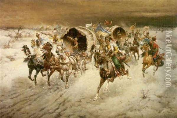 A Winter Landscape With Cossacks Charging On Horseback Oil Painting - Adolf (Constantin) Baumgartner-Stoiloff