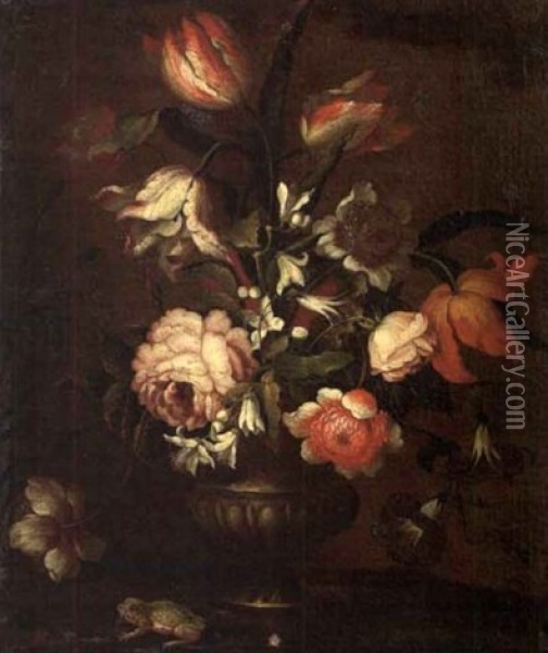 Bouquet De Fleurs Et Grenouille Oil Painting - Nicolas Van Den Bergh