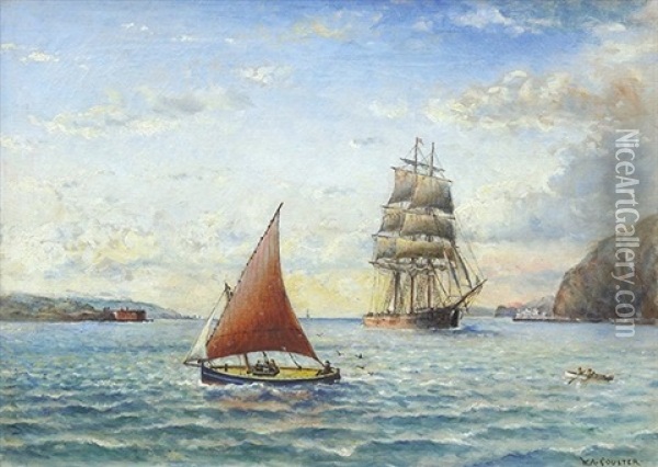 Two Ships On Wind Whipped San Francisco Bay Waters Oil Painting - William Alexander Coulter