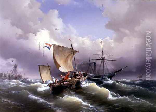 Vessels in Choppy Water off a Coastline Oil Painting - Eduard Schmidt