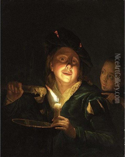 A Young Man Lighting A Candle, A Girl In The Background Oil Painting - Godfried Schalcken