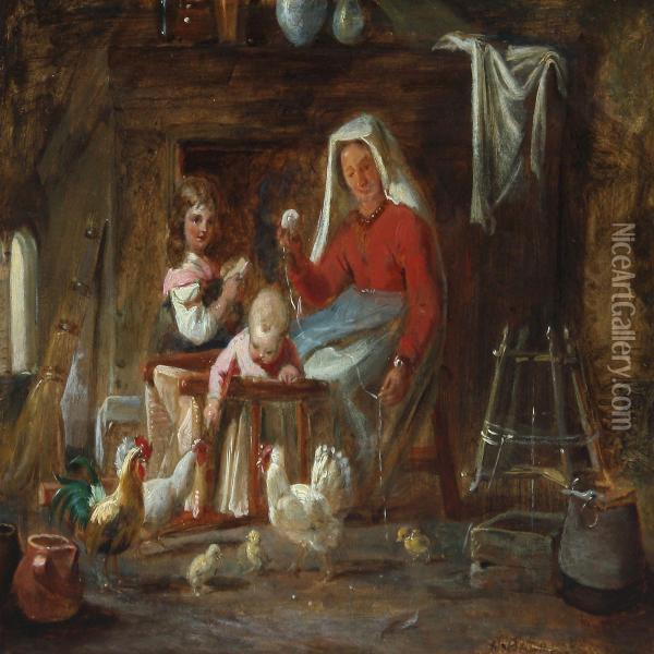 Interior With Italianwoman And Children Playing With Chickens Oil Painting - Nikolai Habbe