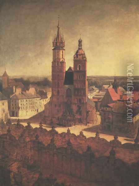 View of the St. Mary's Church from the Town Hall Tower in Cracow Oil Painting - Jan Matejko
