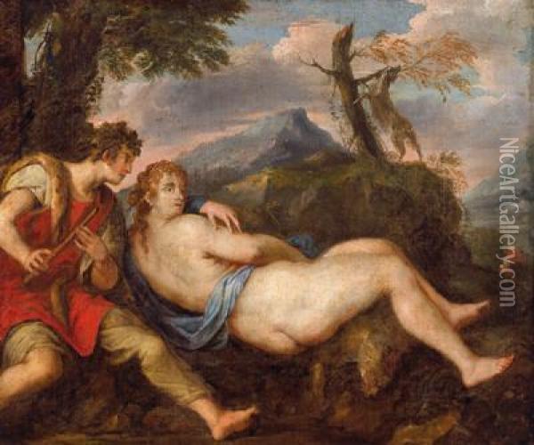 Ninfa E Pastore In Un Paesaggio Montano Oil Painting - Tiziano Vecellio (Titian)