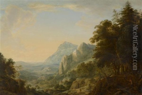 Weite Berglandschaft Mit Holzfaller Und Reisenden Oil Painting - Herman Saftleven