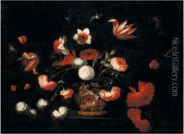 Still Life Of Various Flowers In A Basket On A Stone Ledge Oil Painting - Jose De Arellano